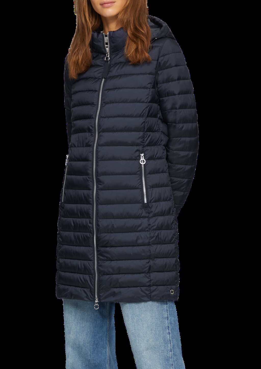 Lange Steppjacke mit abnehmbarer Kapuze