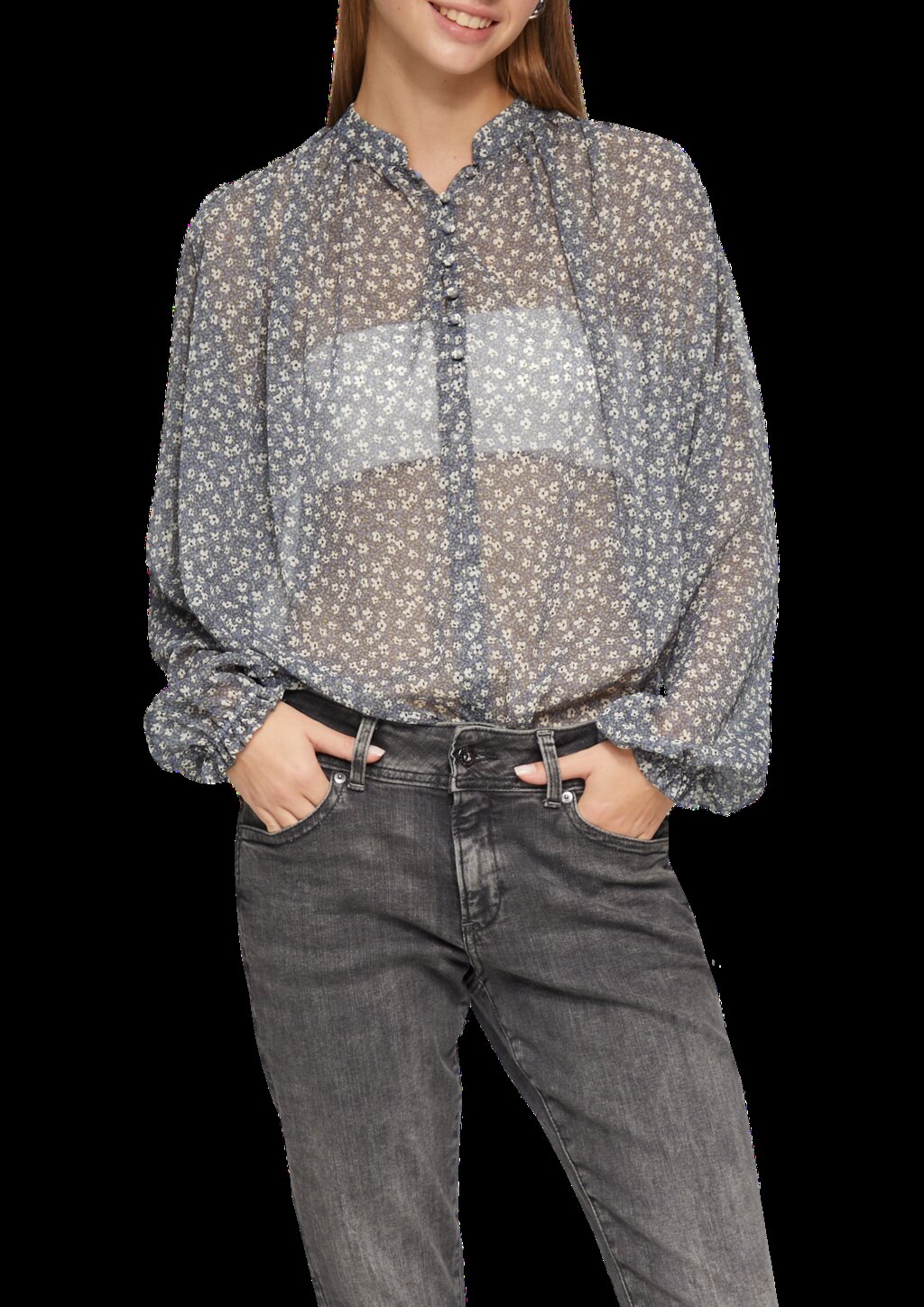 Leicht transparente Chiffonbluse mit Puffärmeln