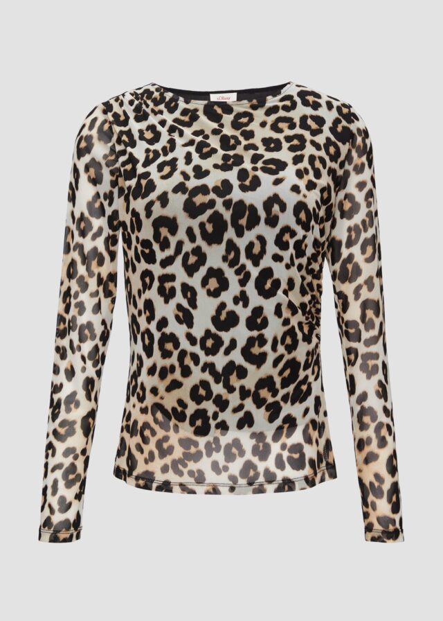 Mesh-Shirt mit asymmetrischer Raffung und Leo-Print