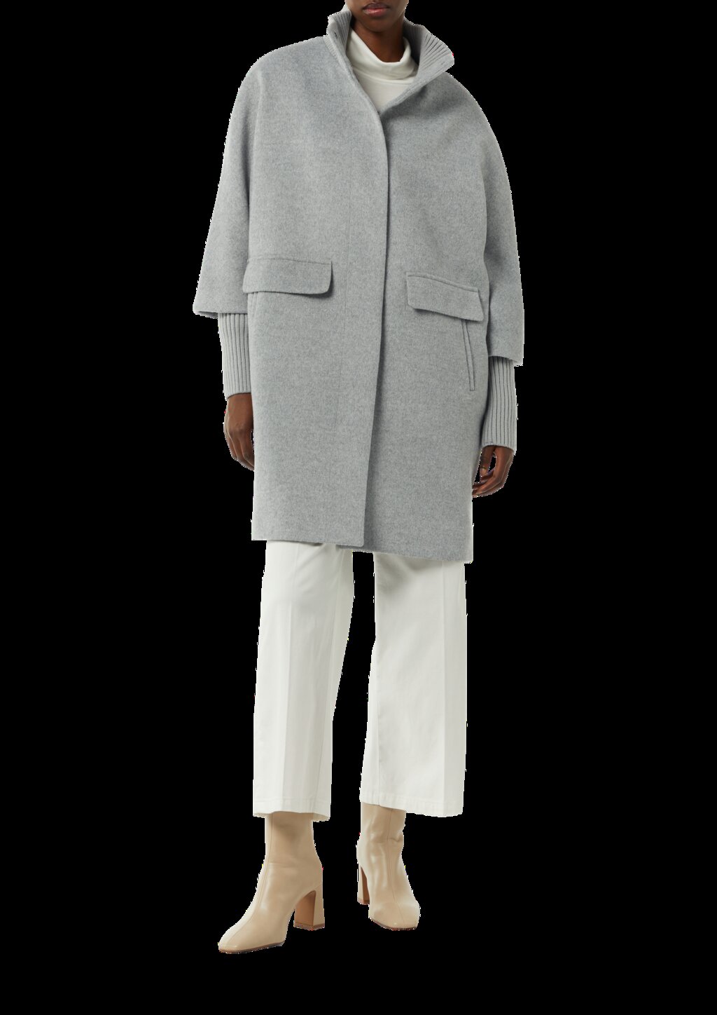 Wollmantel mit geripptem Kragen und Ärmeln