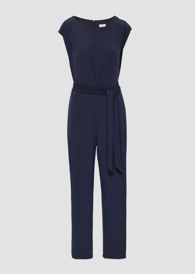 Fließender Jersey-Jumpsuit mit Falte und Bindegürtel