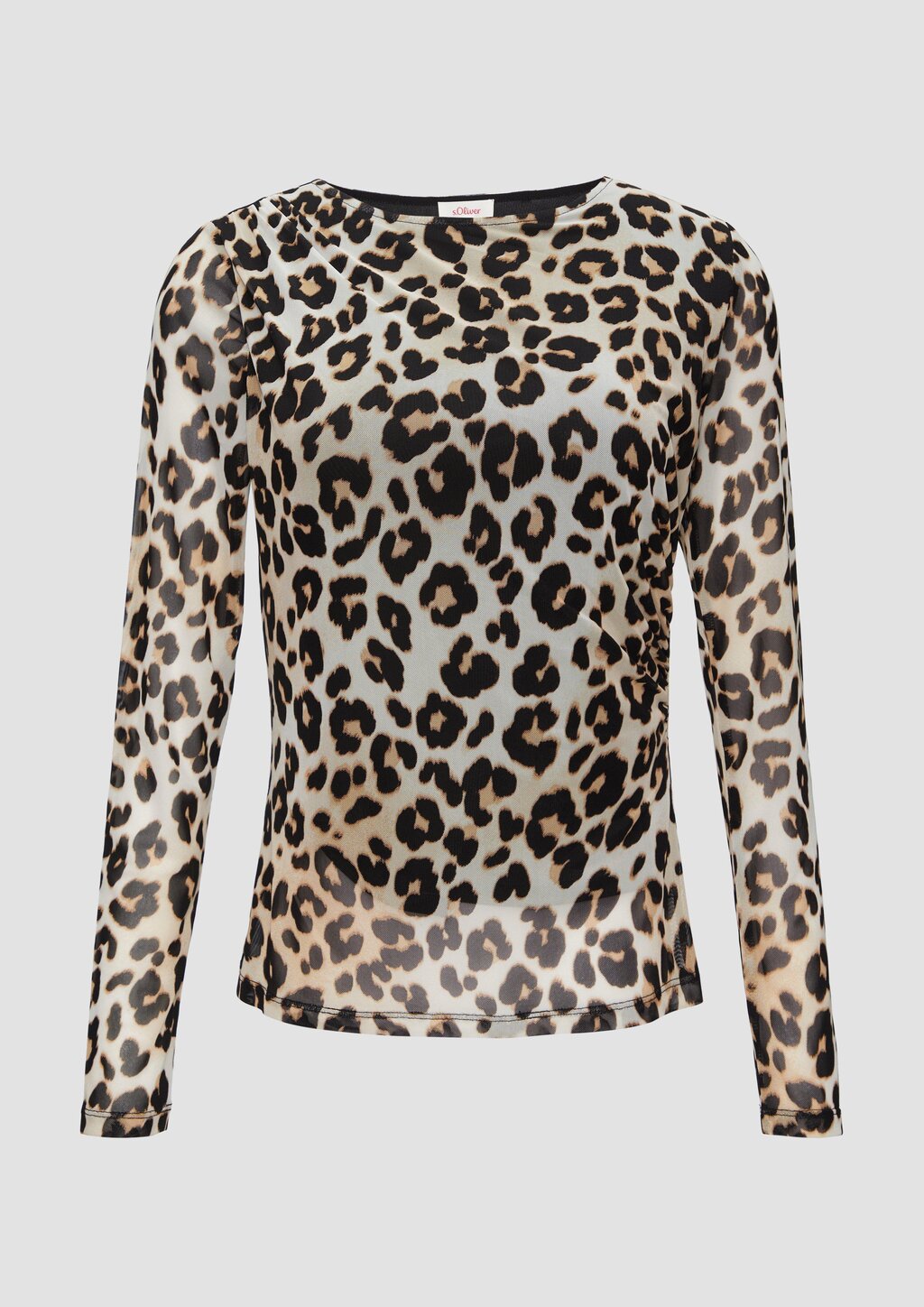 Mesh-Shirt mit asymmetrischer Raffung und Leo-Print