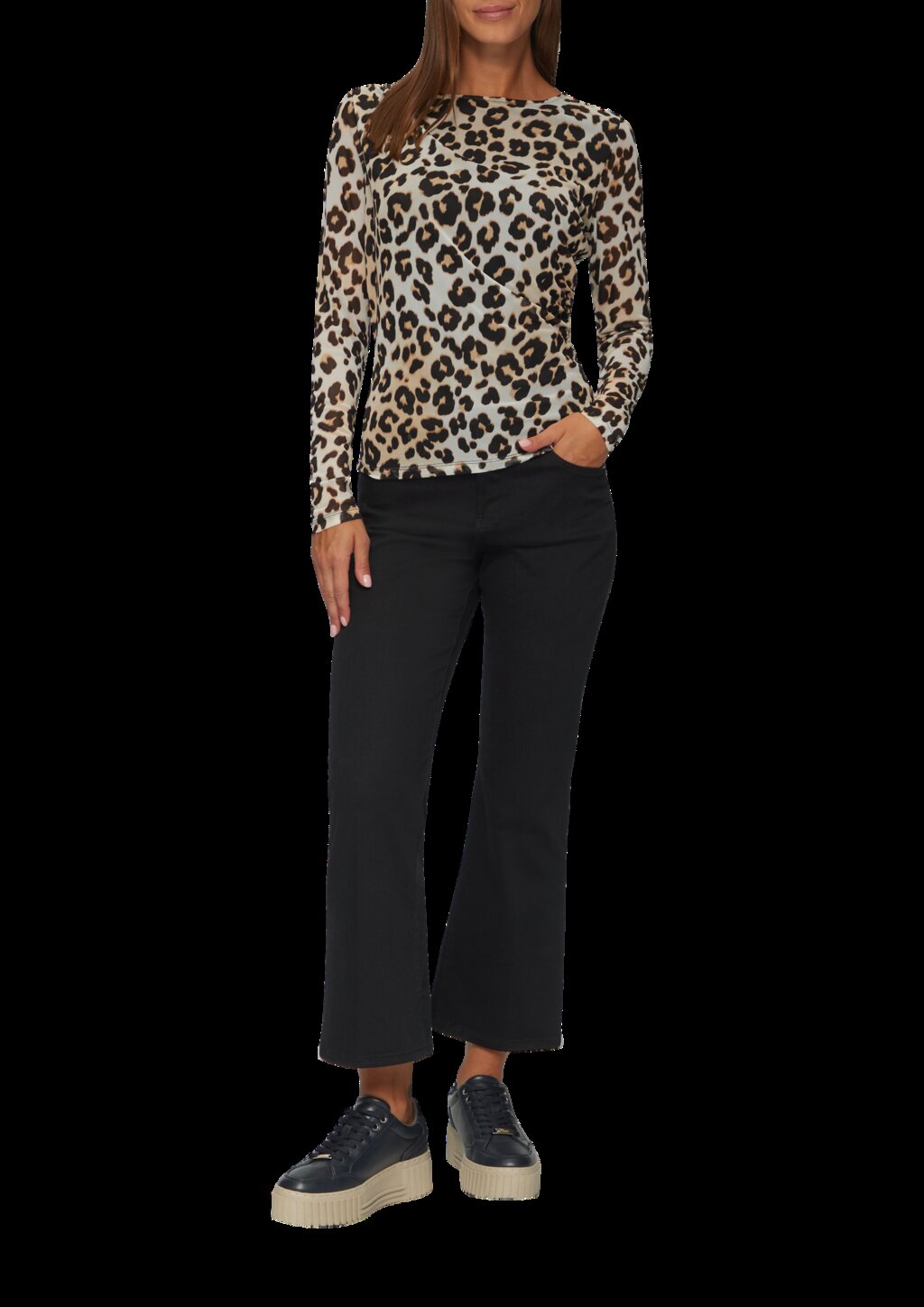 Mesh-Shirt mit asymmetrischer Raffung und Leo-Print