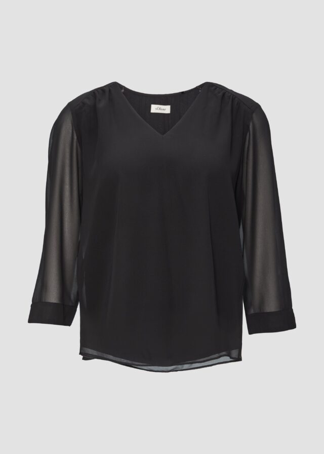 Chiffonbluse mit Raffung an der Schulter und transparenten Ärmeln