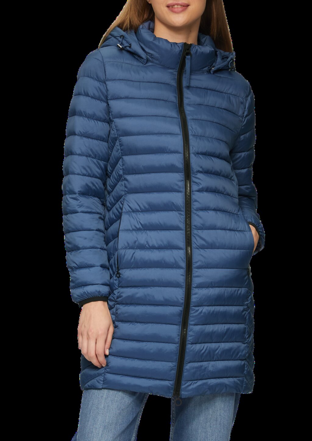 Lange Steppjacke mit abnehmbarer Kapuze im Slim Fit