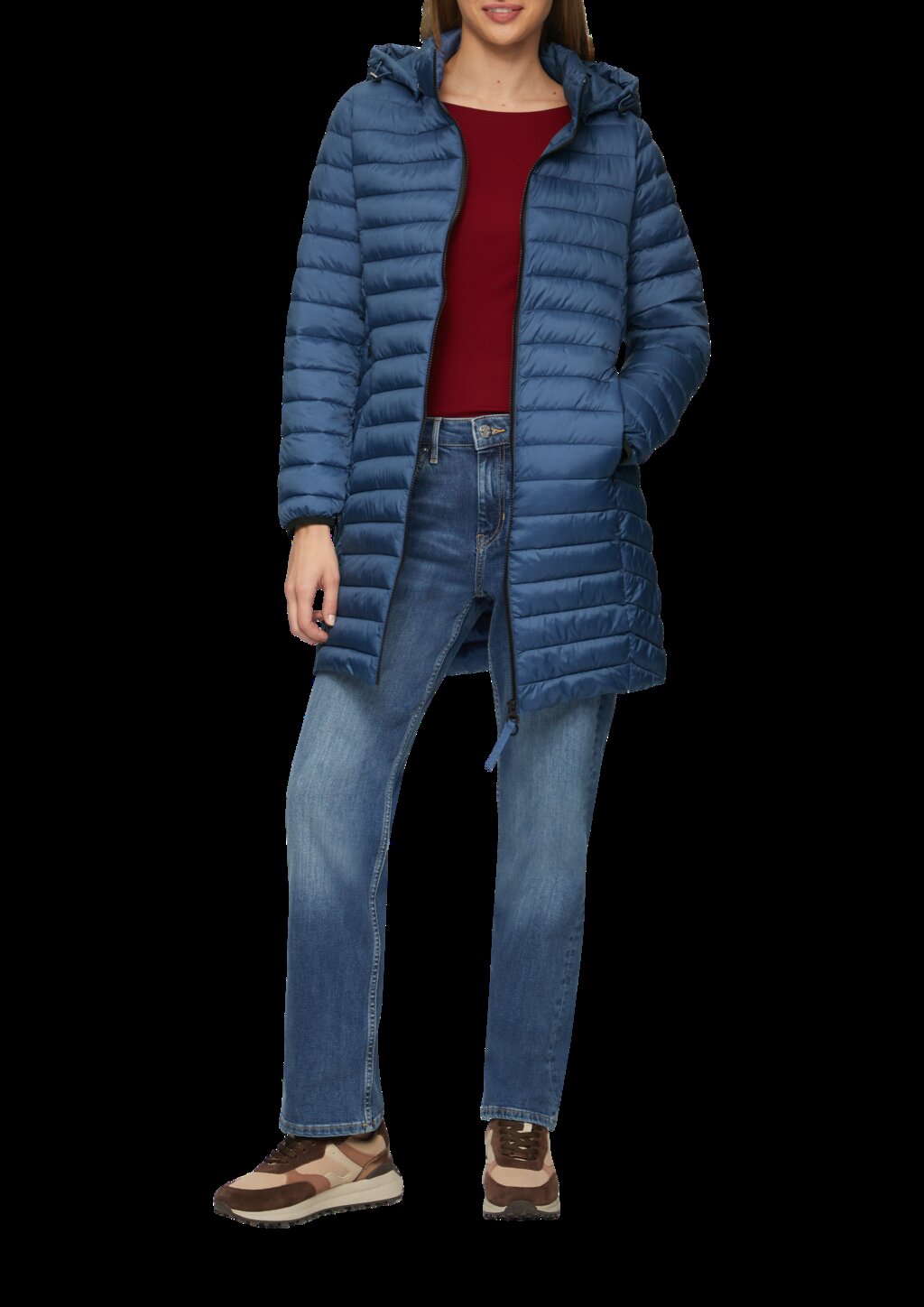 Lange Steppjacke mit abnehmbarer Kapuze im Slim Fit