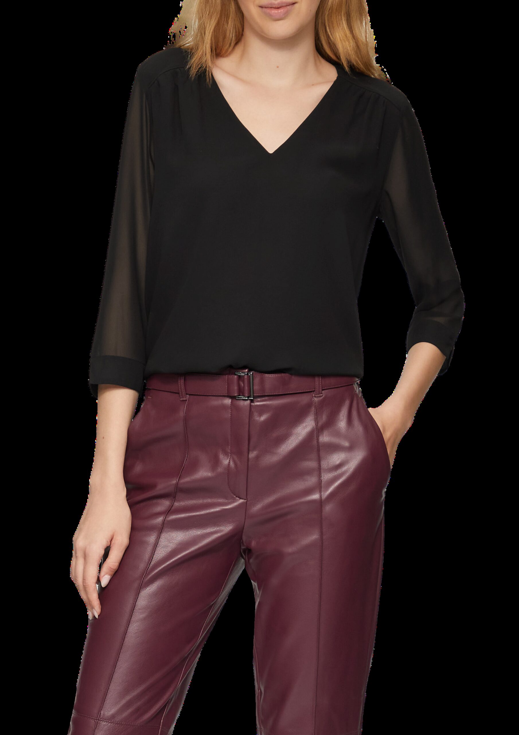 Chiffonbluse mit Raffung an der Schulter und transparenten Ärmeln