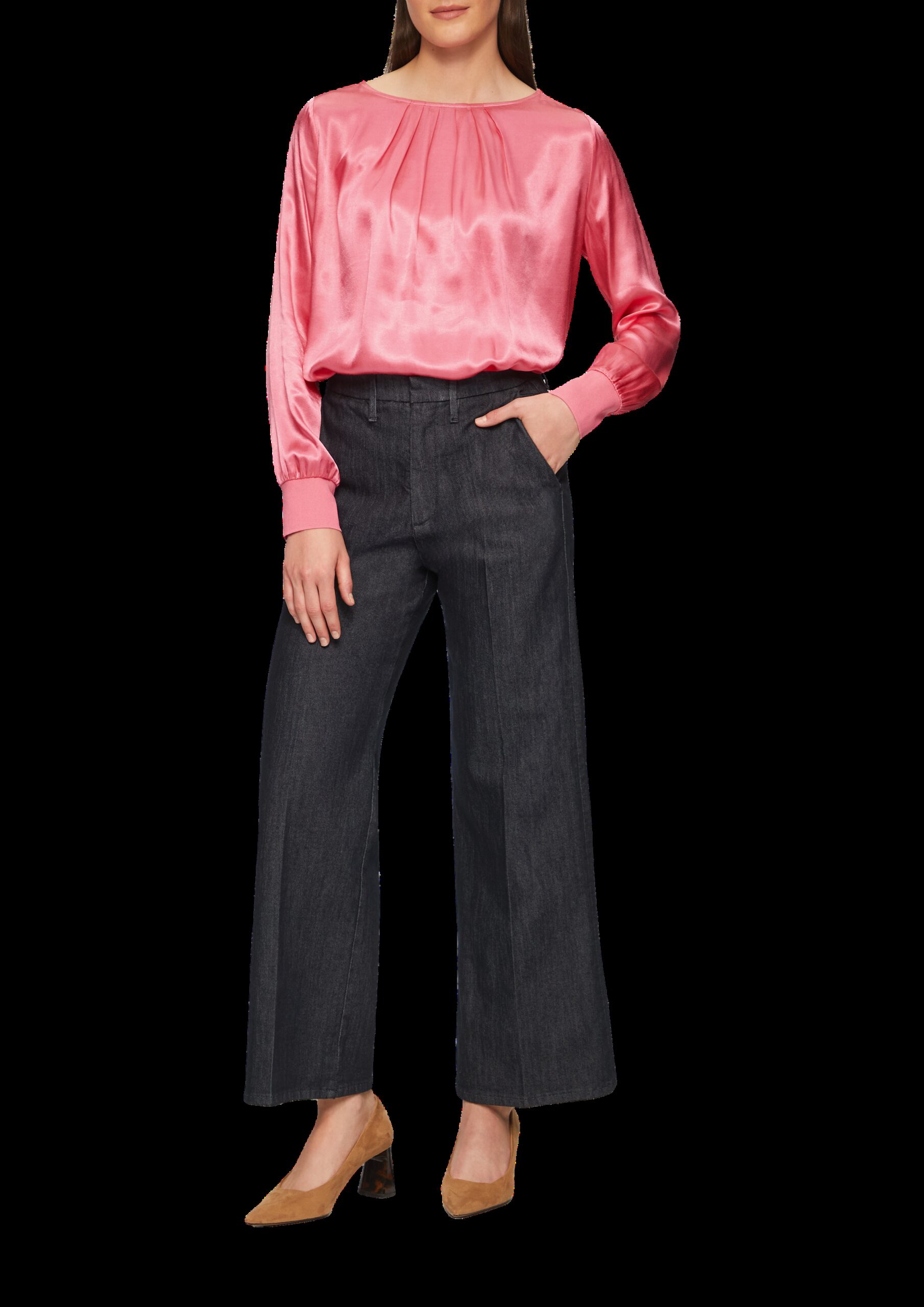 Satiniertes Blusenshirt im Fabricmix mit Raff-Details