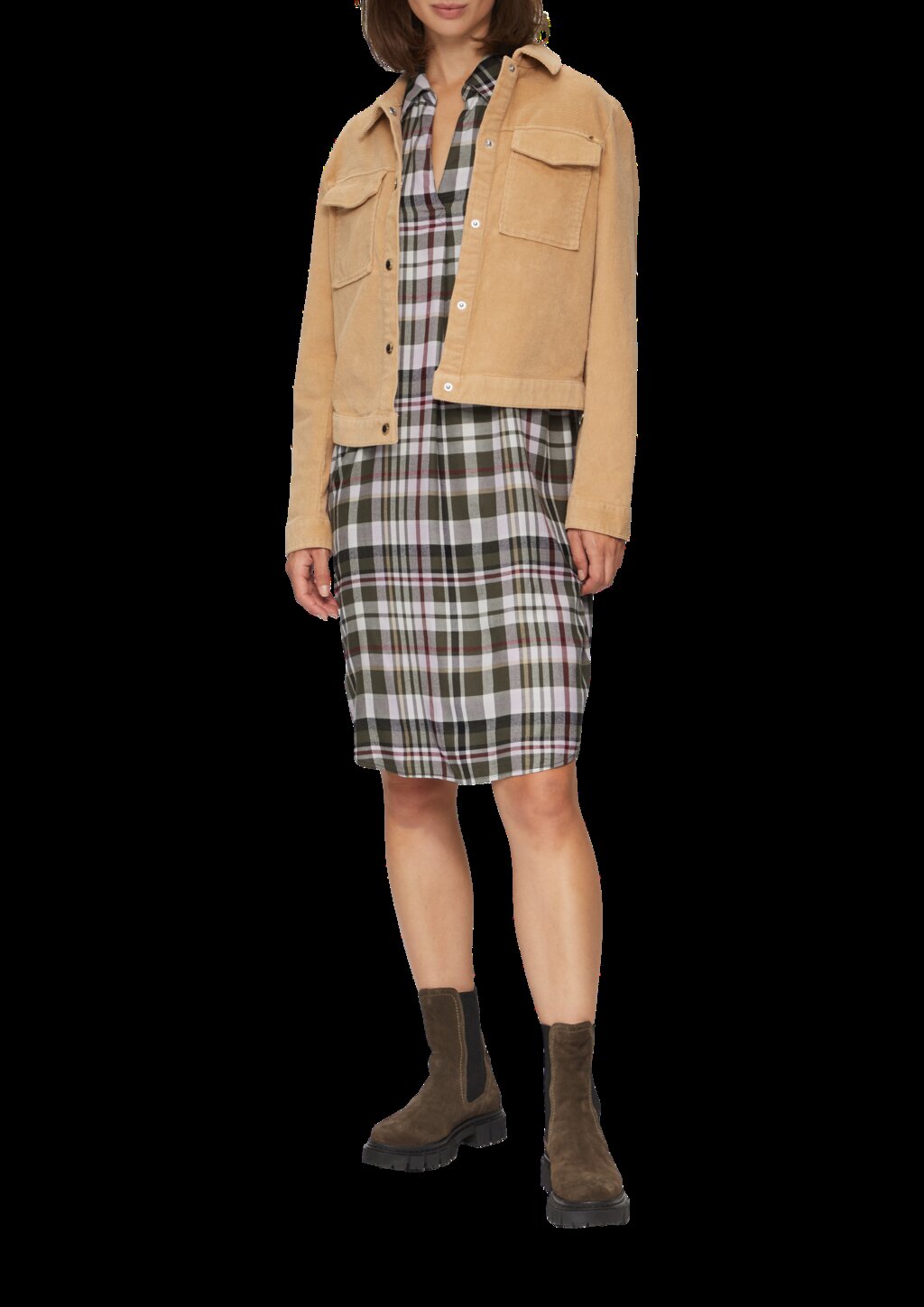 Kariertes Kleid aus Viskosemix mit Krempel-Detail