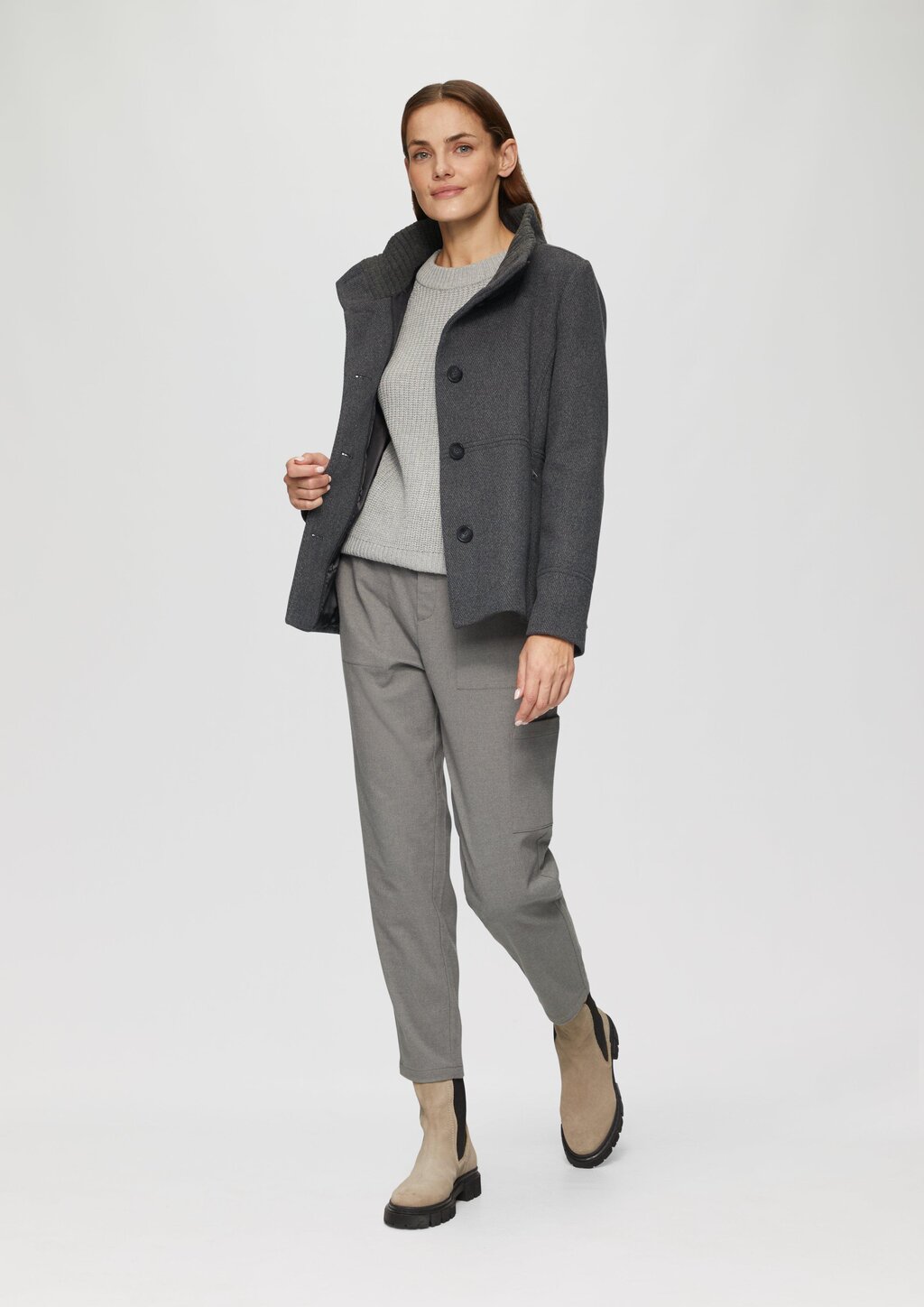 Twilljacke mit Strick-Stehkragen und Eingrifftaschen