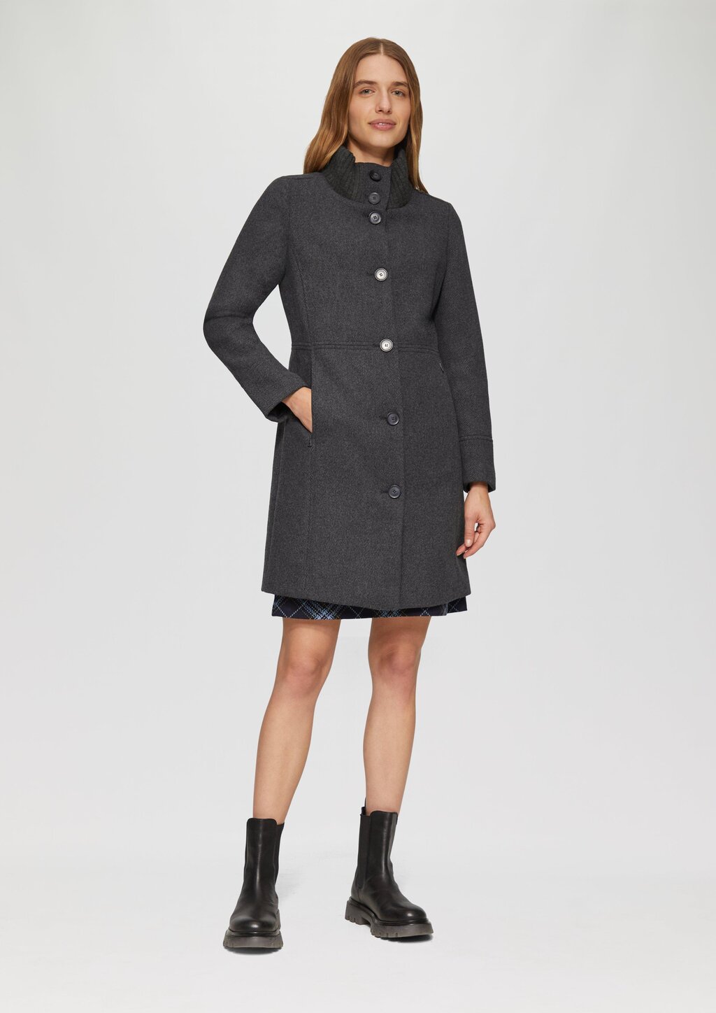 Twillmantel mit Strick-Stehkragen und Eingrifftaschen