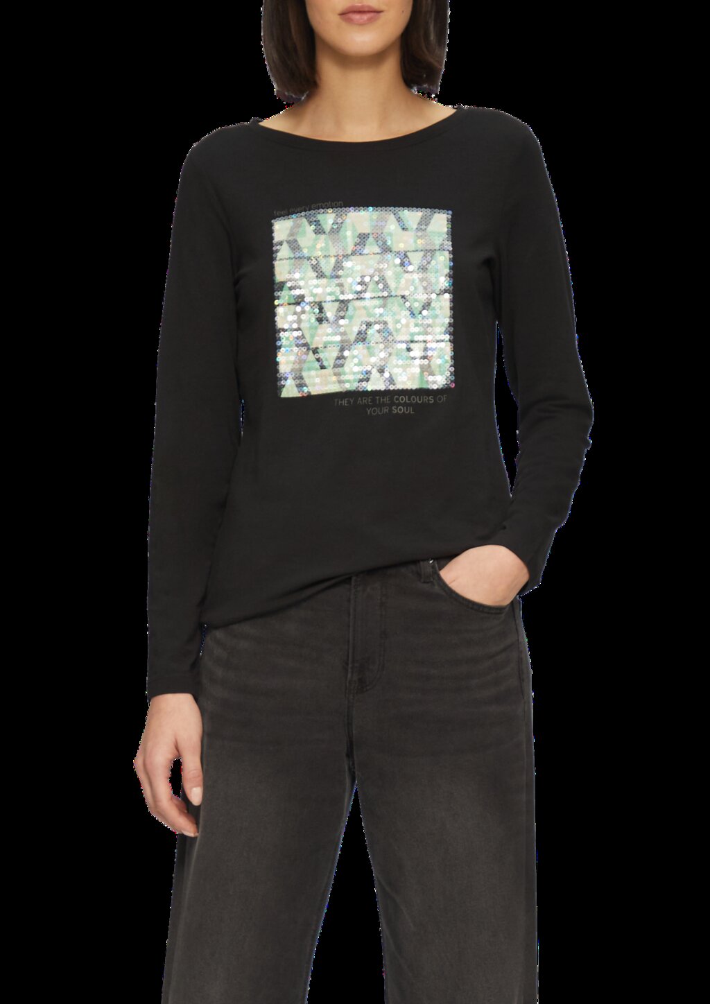 Langarmshirt mit Frontprint und Pailletten