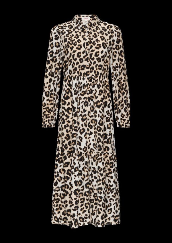 Langes Viskosekleid mit Leo-Muster und Volants