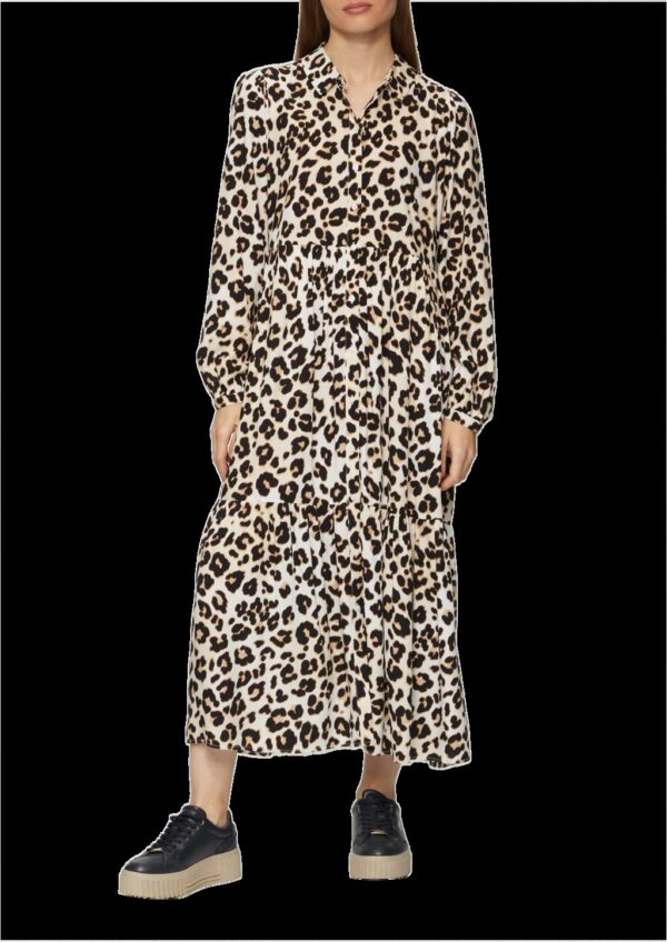 Langes Viskosekleid mit Leo-Muster und Volants