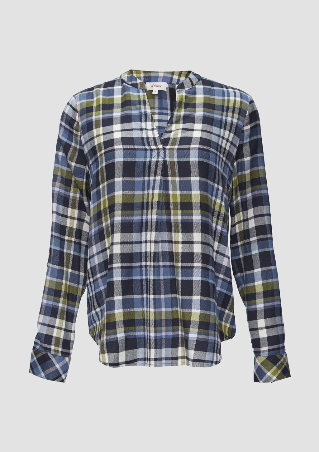 Karierte Bluse aus Viskosemix und Krempel-Detail