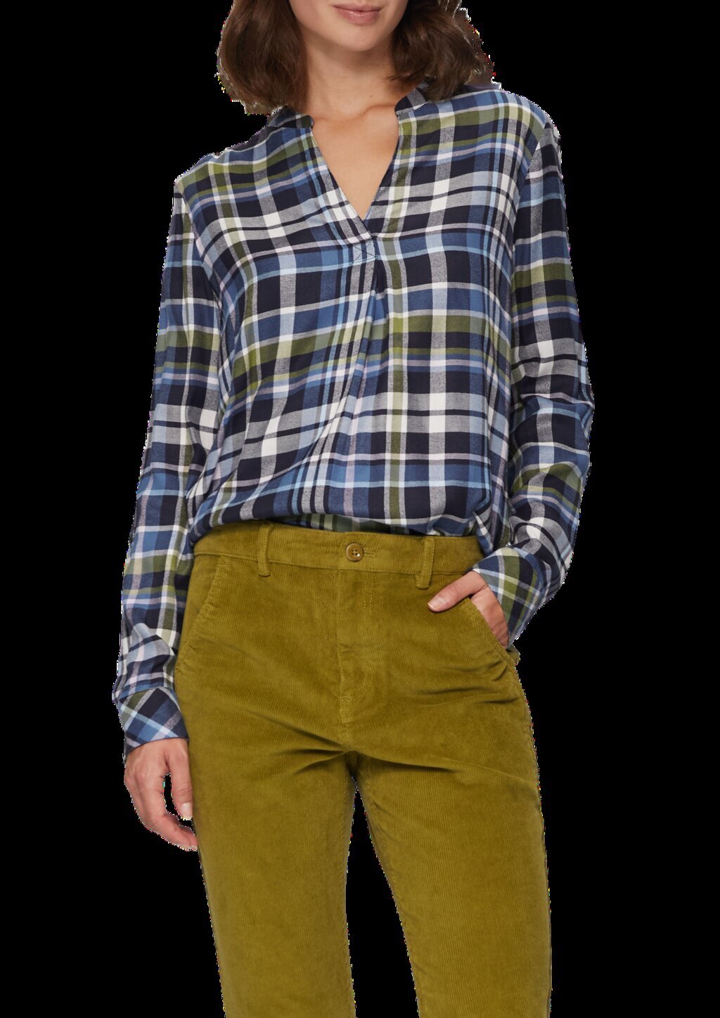 Karierte Bluse aus Viskosemix und Krempel-Detail