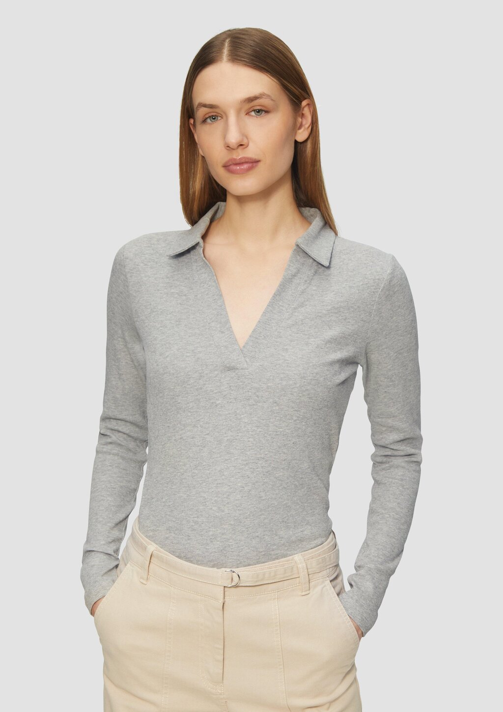 Geripptes Langarmshirt mit Polokragen