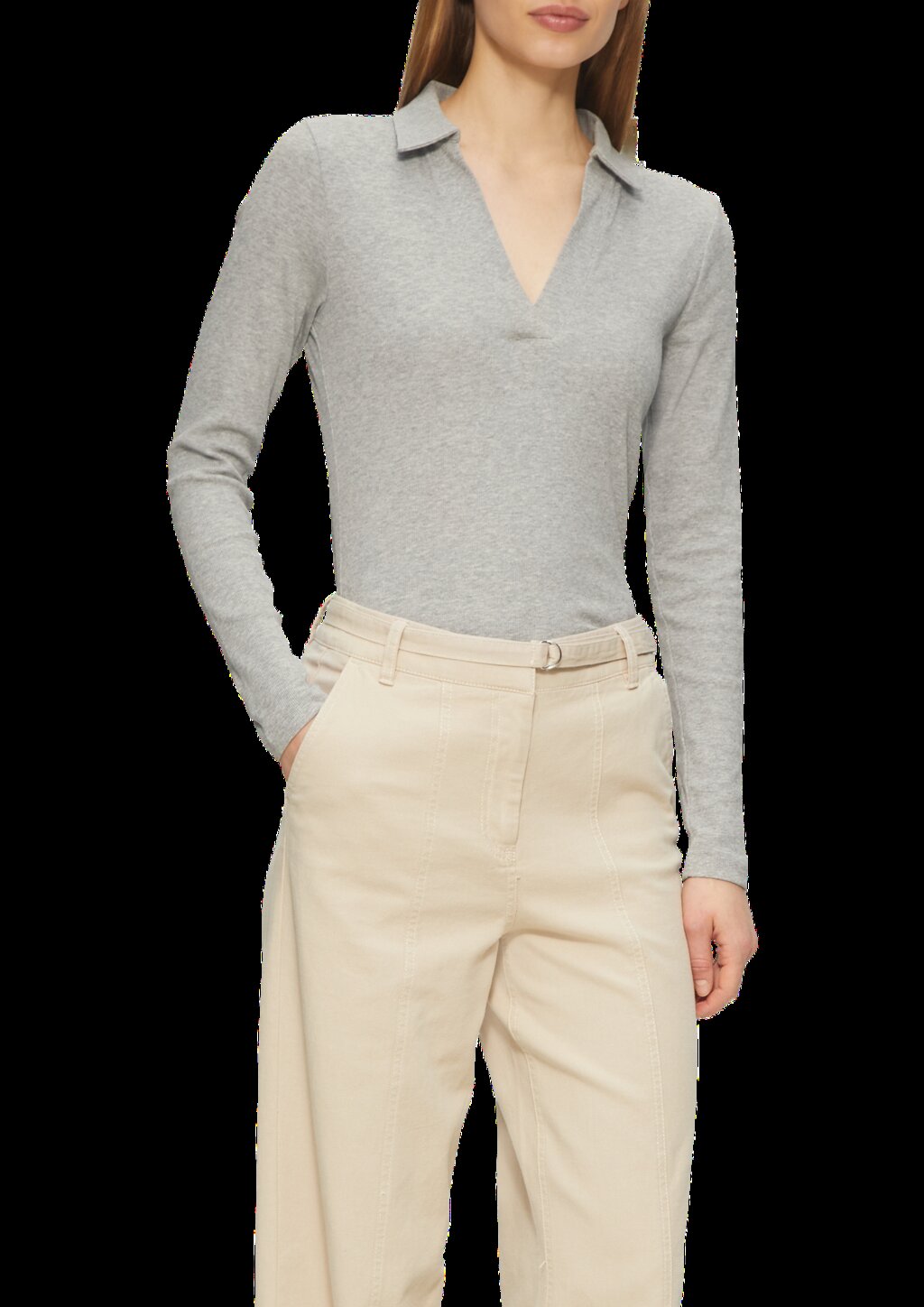 Geripptes Langarmshirt mit Polokragen