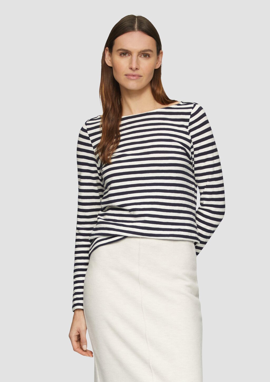 Geringeltes Langarmshirt aus Flammgarn mit U-Boot-Ausschnitt