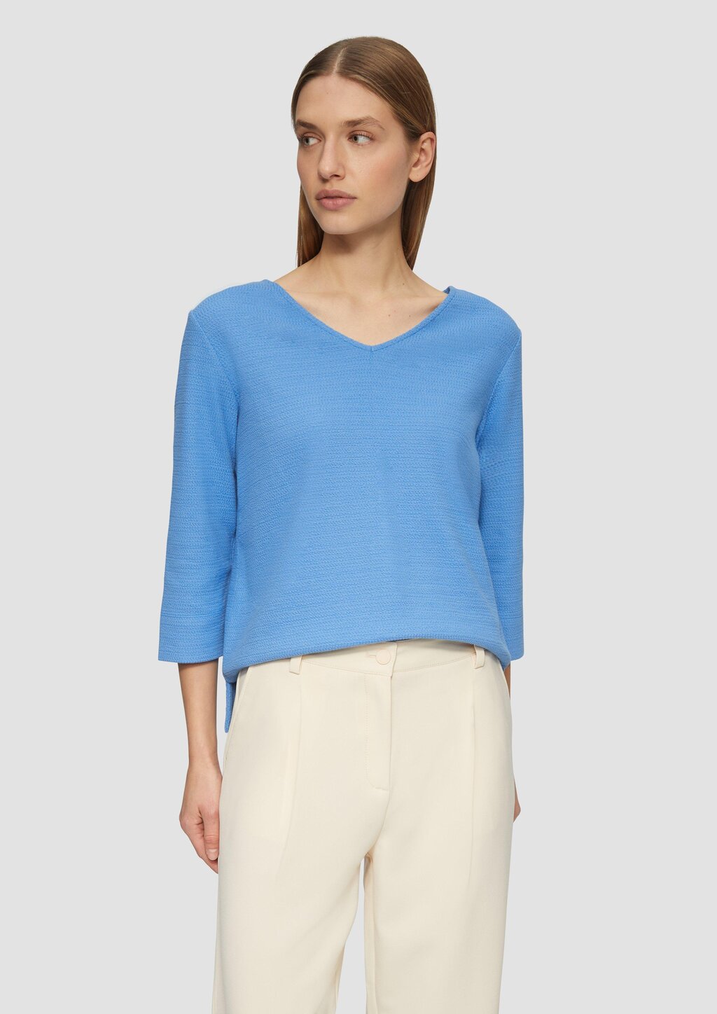 Strukturiertes Jersey-Sweatshirt mit V-Ausschnitt und 3/4-Ärmeln