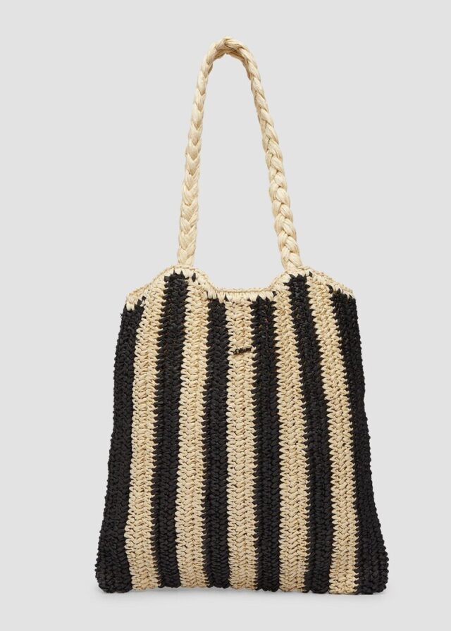 Gestreifte Raffia-Tasche mit geflochtenem Henkel