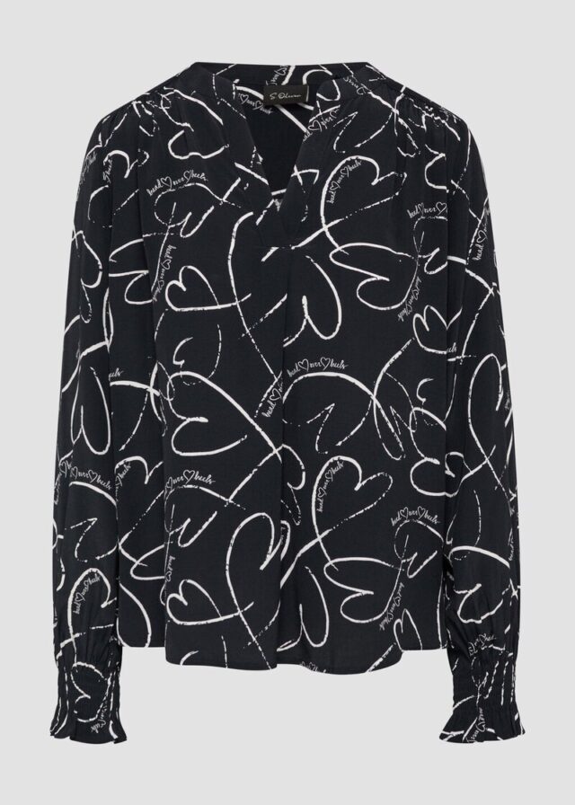 Viskosebluse mit All-over-Print und Smok-Detail am Ärmel