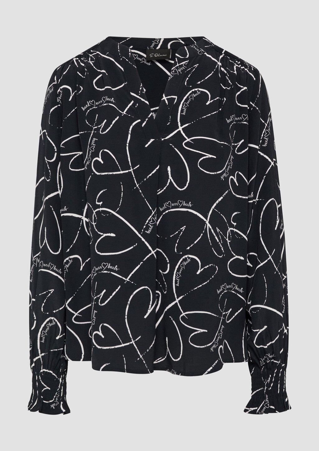 Viskosebluse mit All-over-Print und Smok-Detail am Ärmel