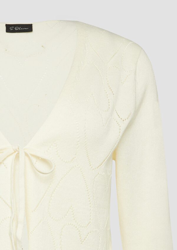 Feinstrick-Jacke mit Herz-Ajourmuster und Bindeband