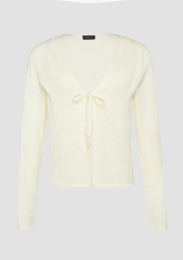 Feinstrick-Jacke mit Herz-Ajourmuster und Bindeband
