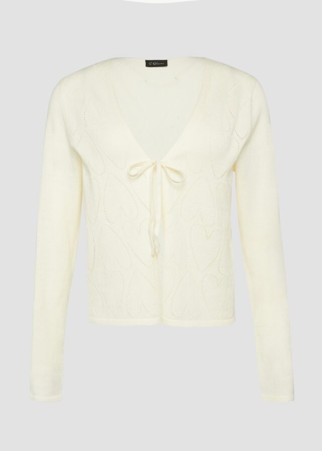 Feinstrick-Jacke mit Herz-Ajourmuster und Bindeband