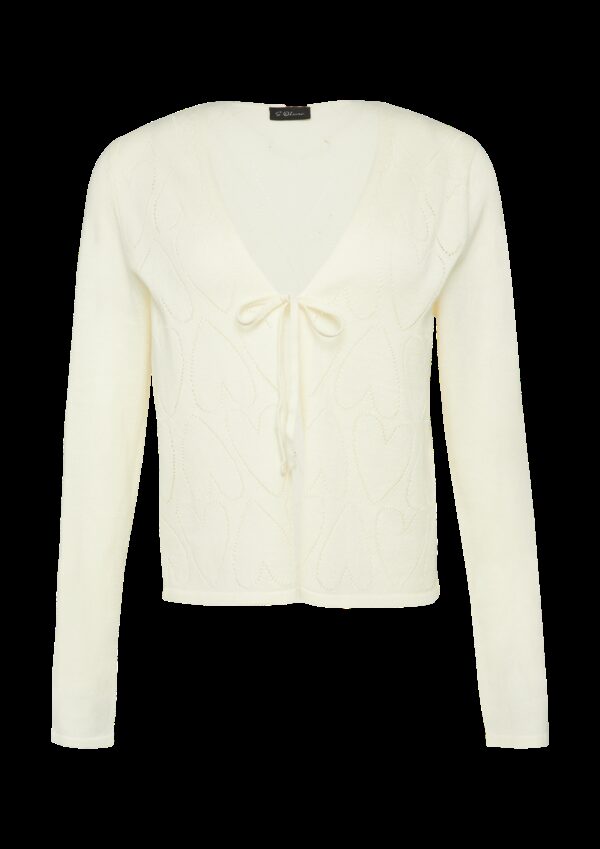 Feinstrick-Jacke mit Herz-Ajourmuster und Bindeband