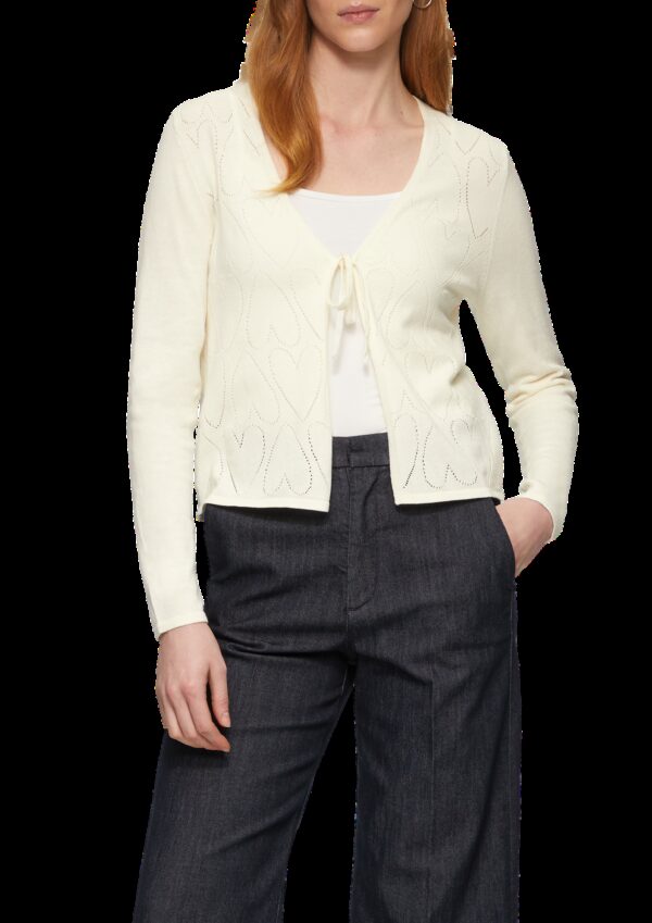 Feinstrick-Jacke mit Herz-Ajourmuster und Bindeband