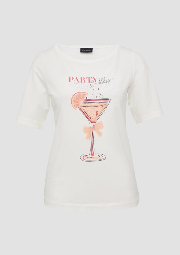 Jersey-T-Shirt mit Frontprint und Schmucksteinen