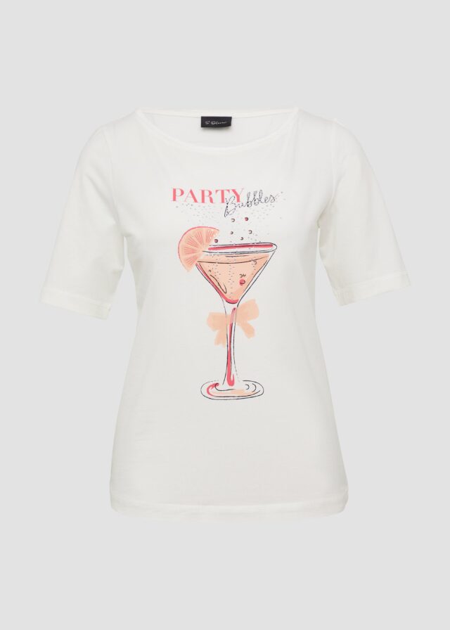 Jersey-T-Shirt mit Frontprint und Schmucksteinen