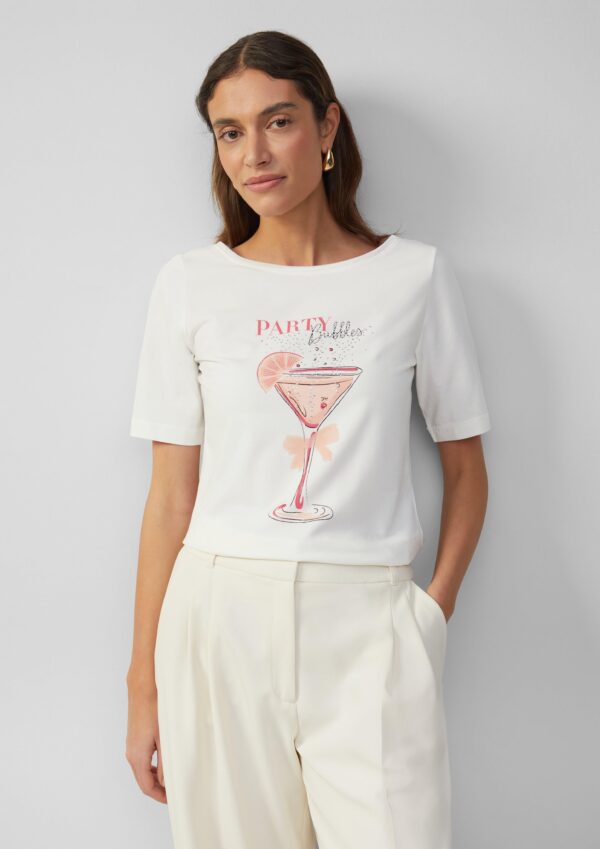 Jersey-T-Shirt mit Frontprint und Schmucksteinen