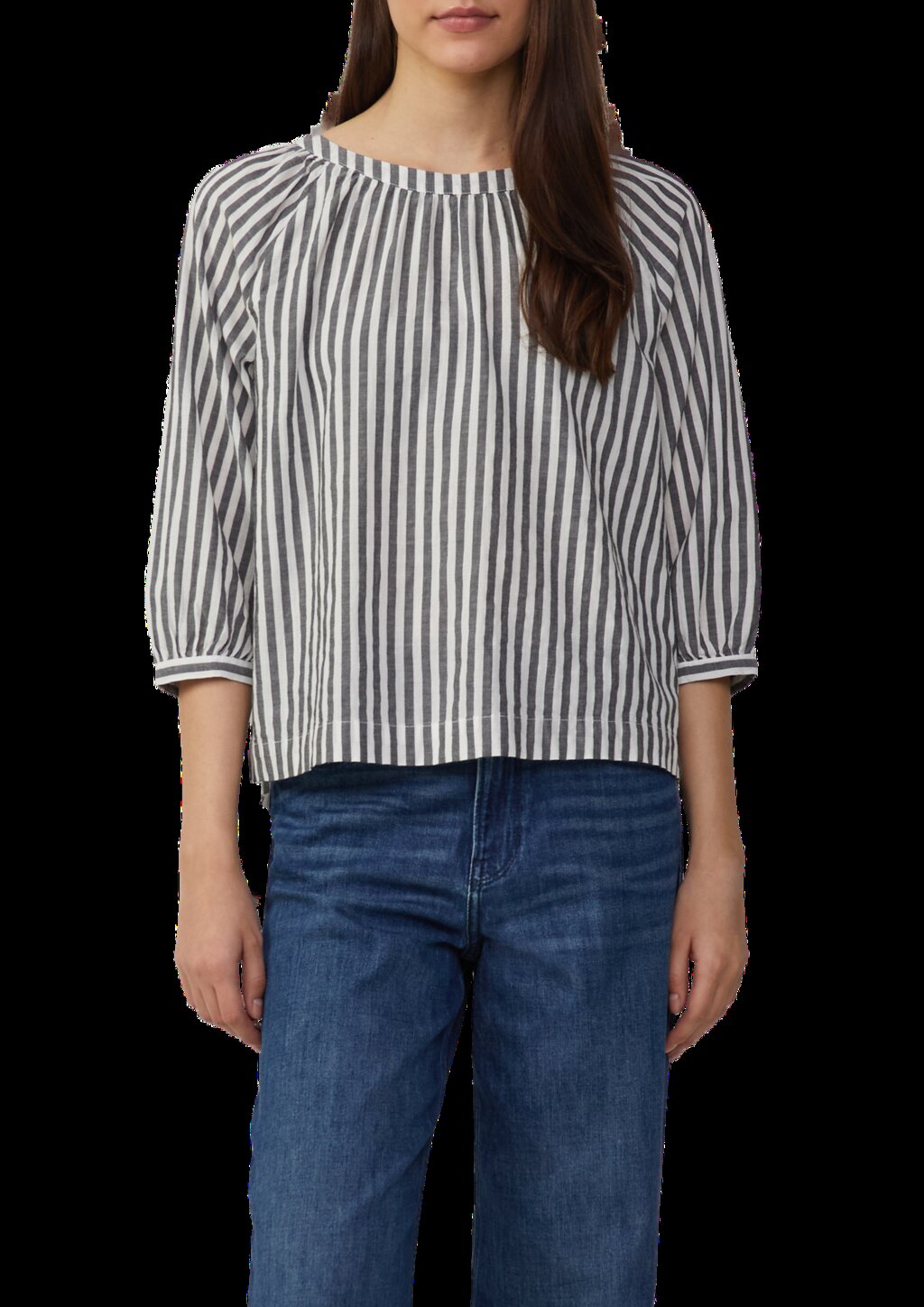 Streifenbluse mit Raffung und Schleife