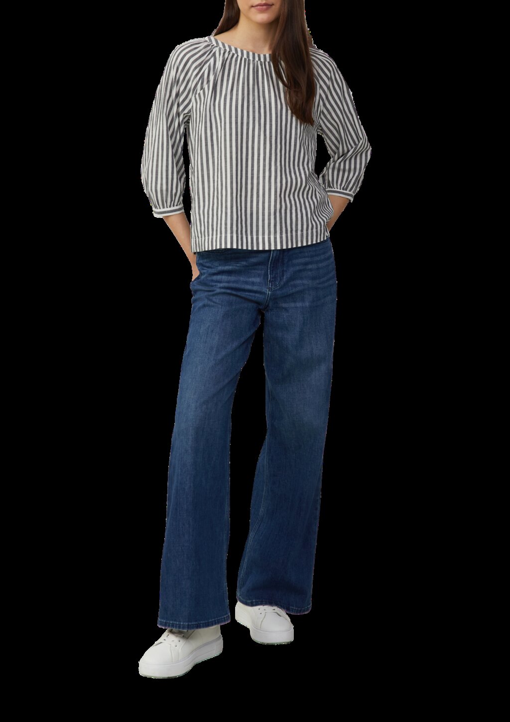 Streifenbluse mit Raffung und Schleife