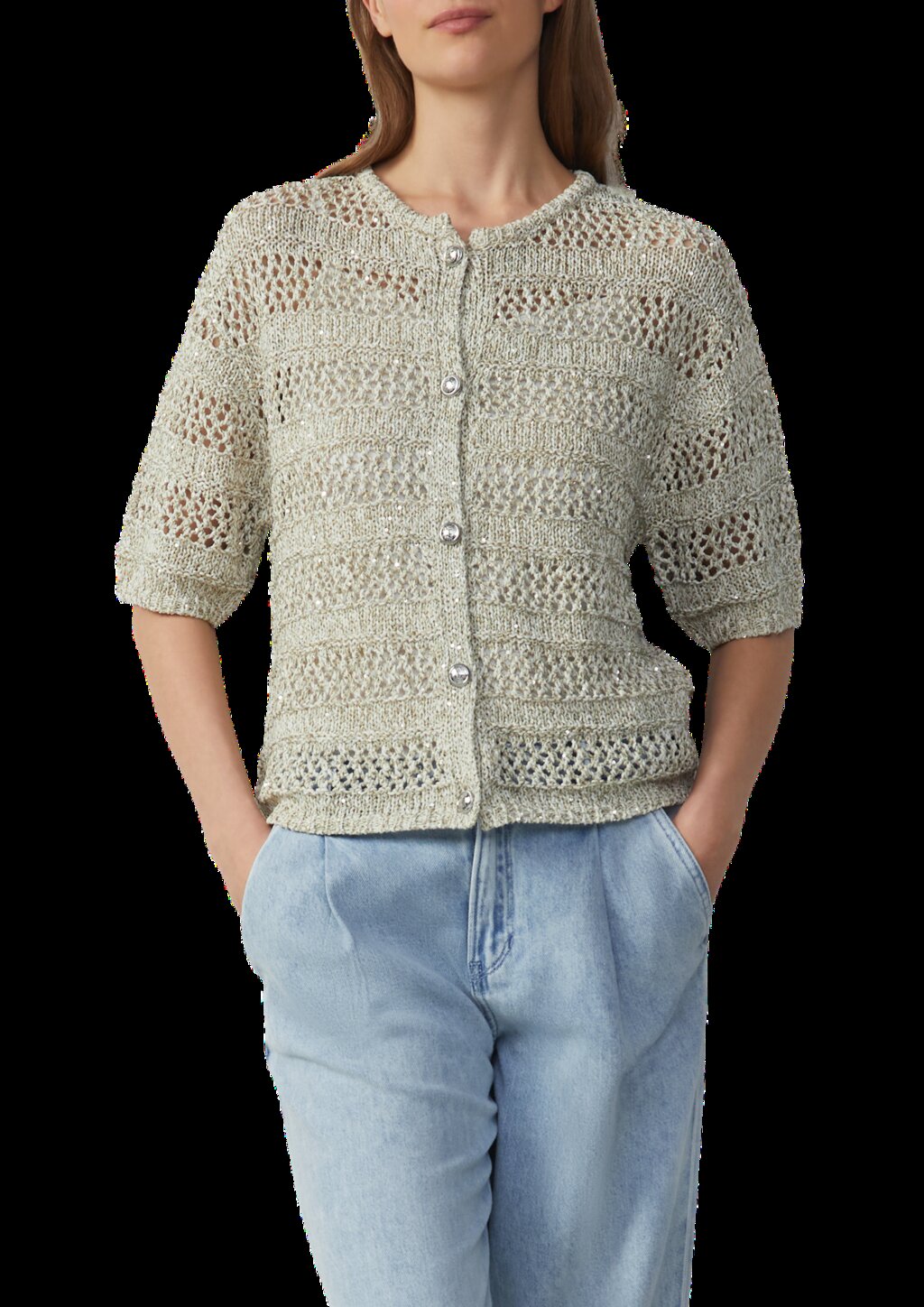 Ajour-Strickjacke mit Glitzereffekt