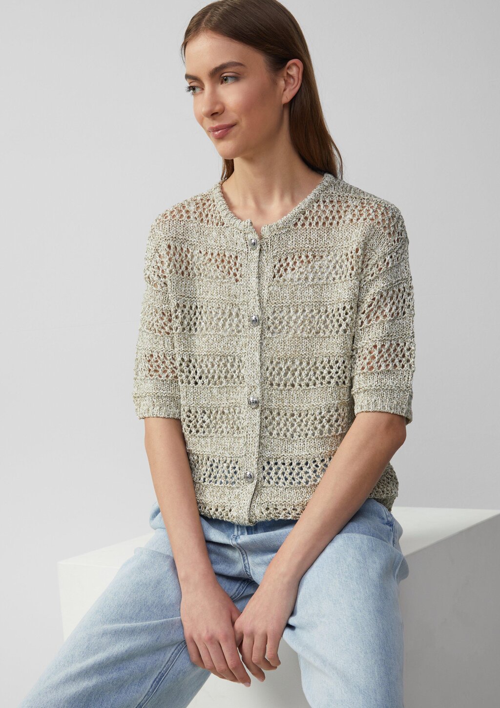 Ajour-Strickjacke mit Glitzereffekt