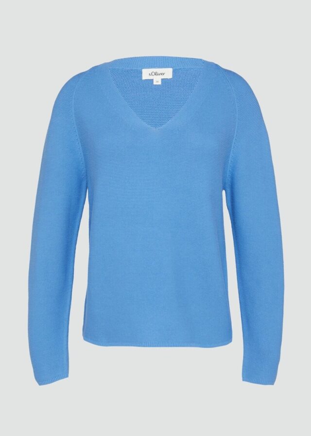 Gerippter Strickpullover aus Baumwollmix mit V-Ausschnitt