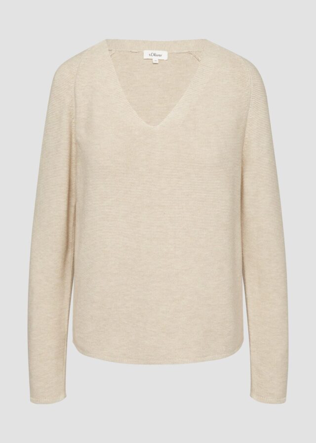 Gerippter Strickpullover aus Baumwollmix mit V-Ausschnitt