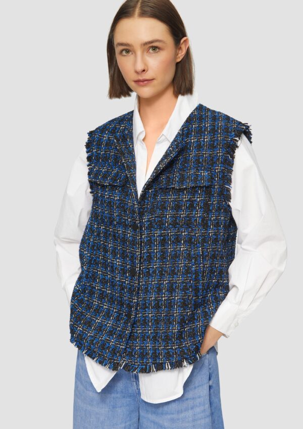 Bouclé-Weste mit Fransen und Brusttaschen