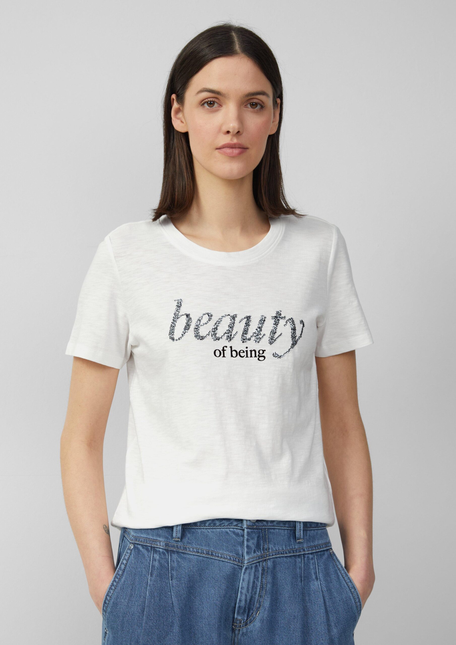 Jersey-T-Shirt mit Schriftprint und Pailletten