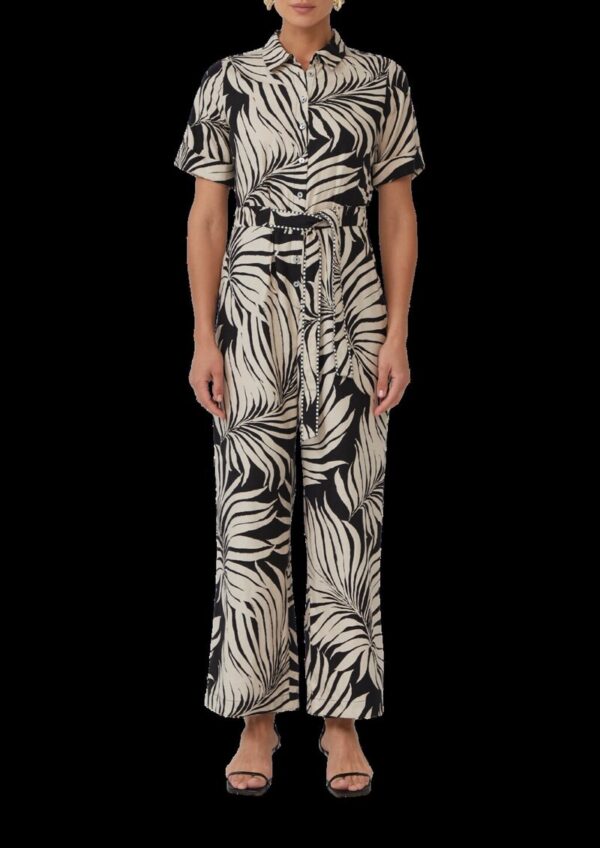 Gemusterter Jumpsuit aus Leinenmix mit festgenähtem Gürtel