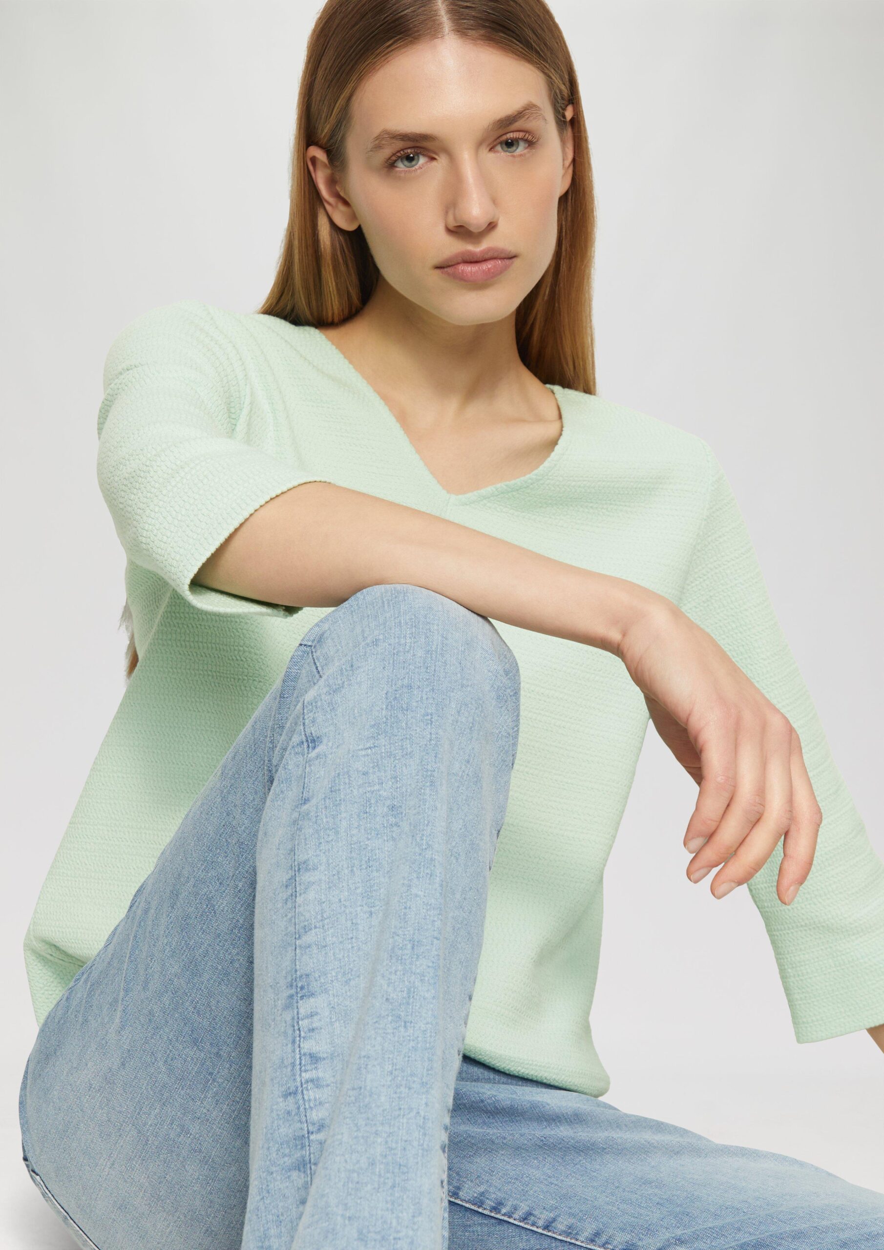 Strukturiertes Sweatshirt aus Baumwollmix mit 3/4-Ärmeln