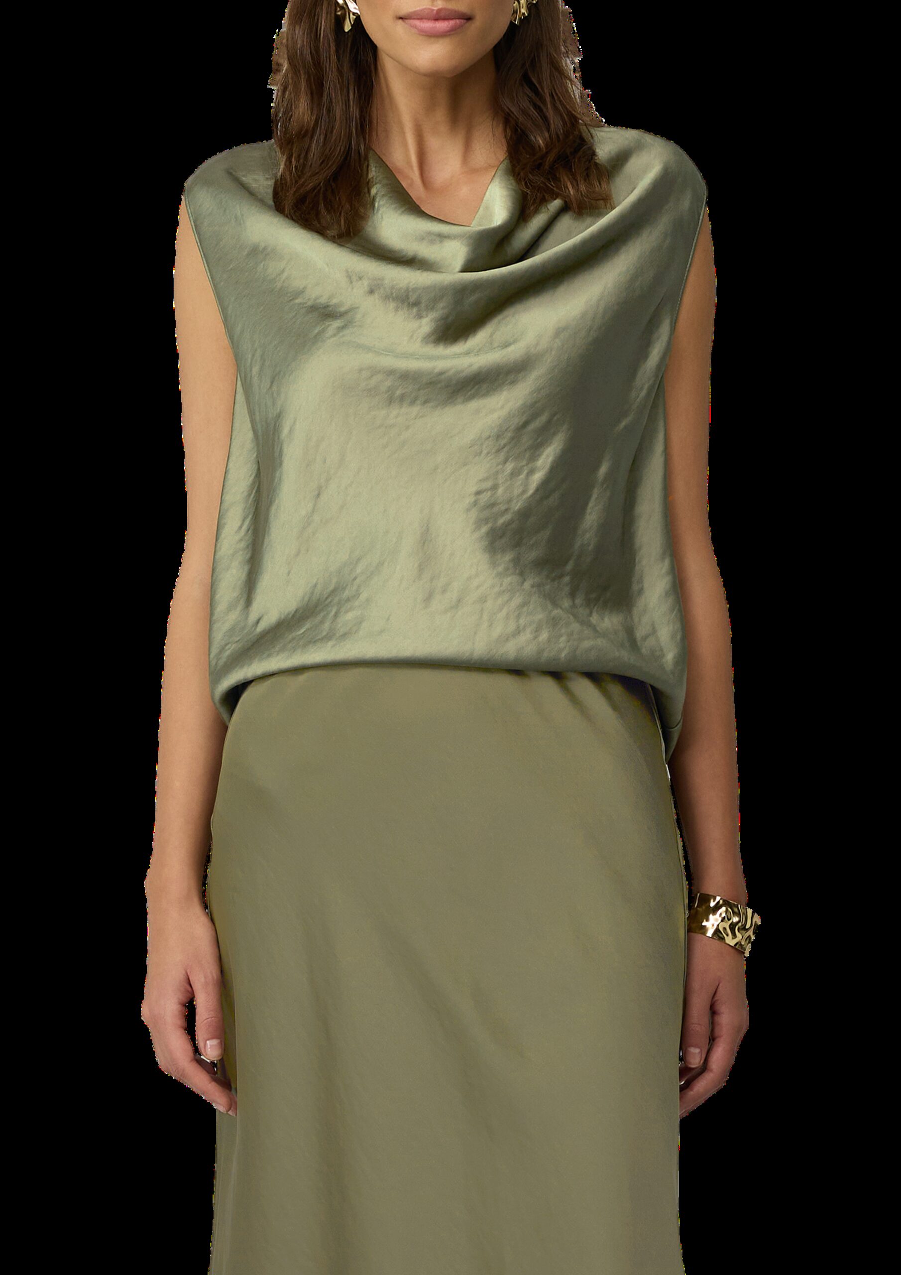 Ärmellose Satinbluse mit Wasserfall-Ausschnitt