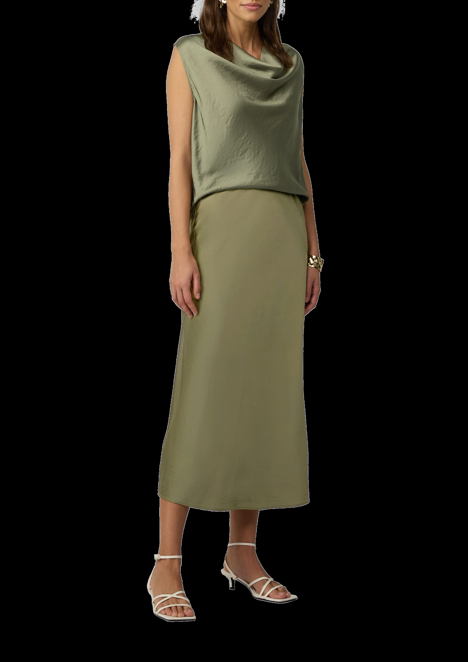 Ärmellose Satinbluse mit Wasserfall-Ausschnitt