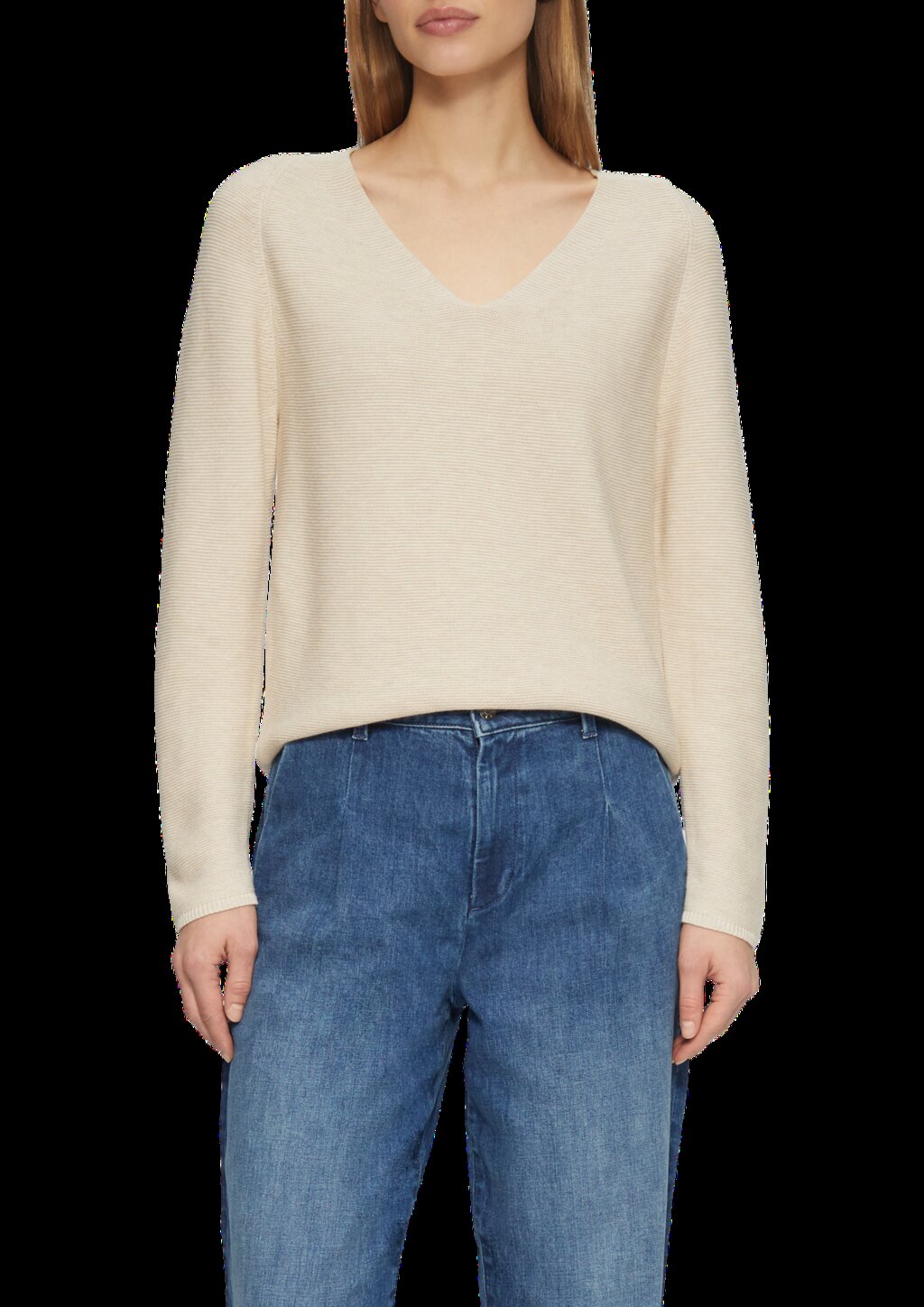 Gerippter Strickpullover aus Baumwollmix mit V-Ausschnitt