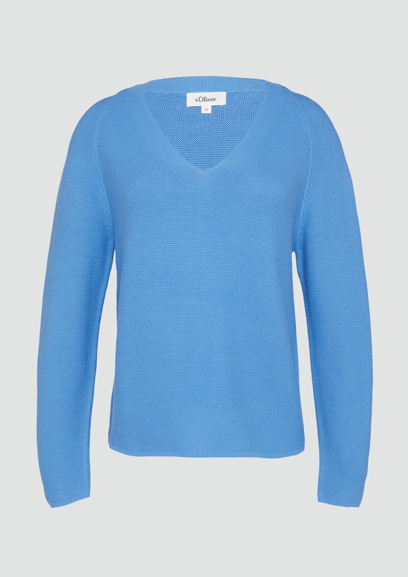 Gerippter Strickpullover aus Baumwollmix mit V-Ausschnitt