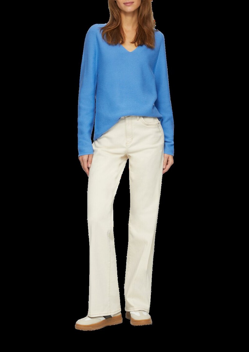 Gerippter Strickpullover aus Baumwollmix mit V-Ausschnitt